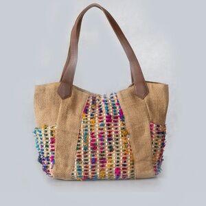 Woven Multicolor Jute Tote Bag Brown Leather Handles Summer Boho Hippie Purse